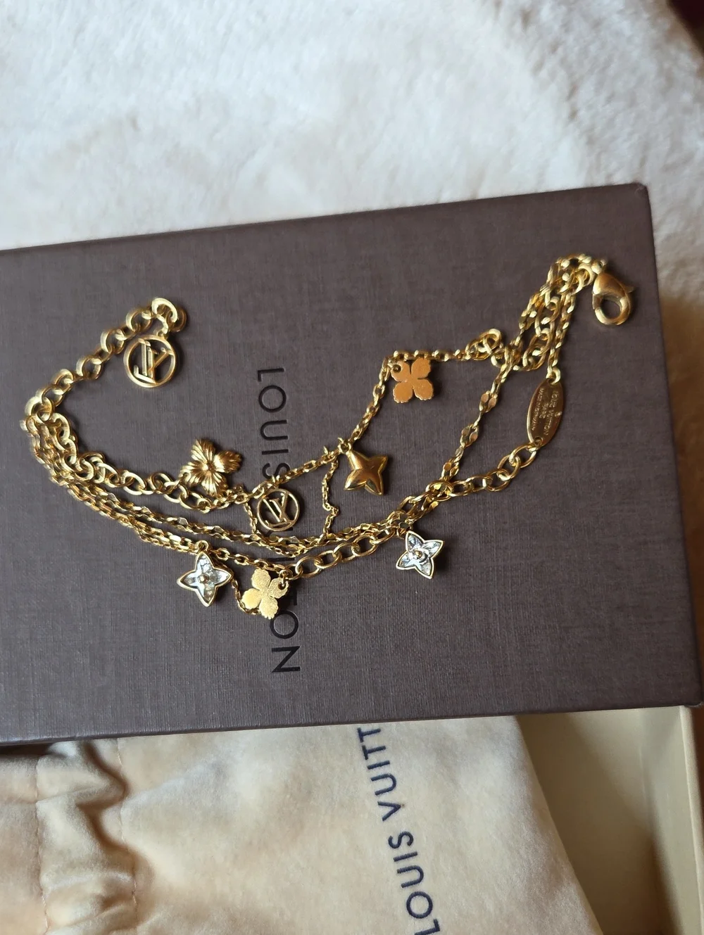 Louis Vuitton Gold Multi-Charm Layered Bracelet with Crystal Accents